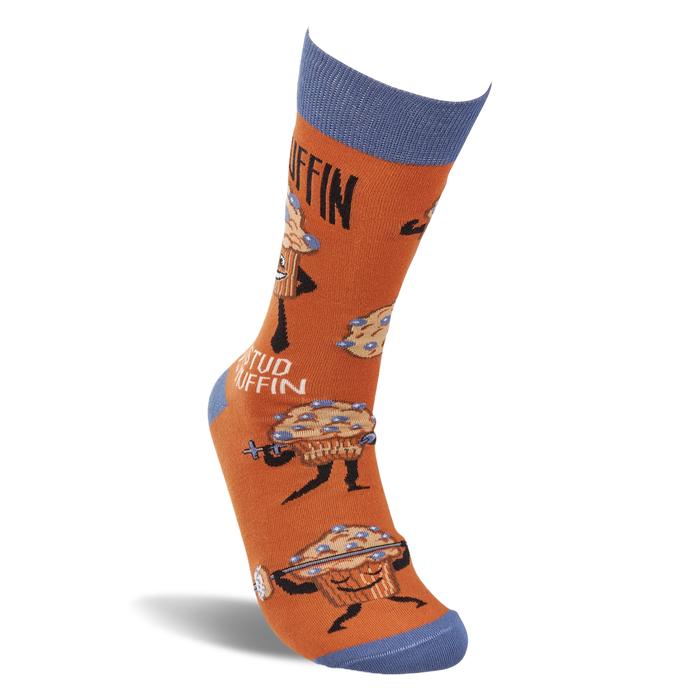 Single orange crew sock standing upright, with blue cuff, heel, and toe, showing 