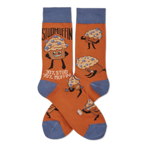 Pair of orange crew socks with blue cuffs, heels, and toes, featuring cartoon 