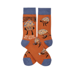 Pair of orange crew socks with blue cuffs, heels, and toes, featuring cartoon "Studmuffin" characters in various strong poses.