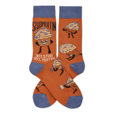 Pair of orange crew socks with blue cuffs, heels, and toes, featuring cartoon "Studmuffin" characters in various strong poses.