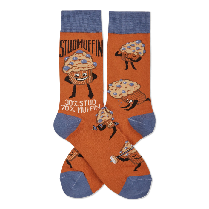 Pair of orange crew socks with blue cuffs, heels, and toes, featuring cartoon 
