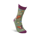 A single olive green crew sock, angled, showing a skeleton butterfly wearing sunglasses and "SOCIAL BUTTERFLY" text.