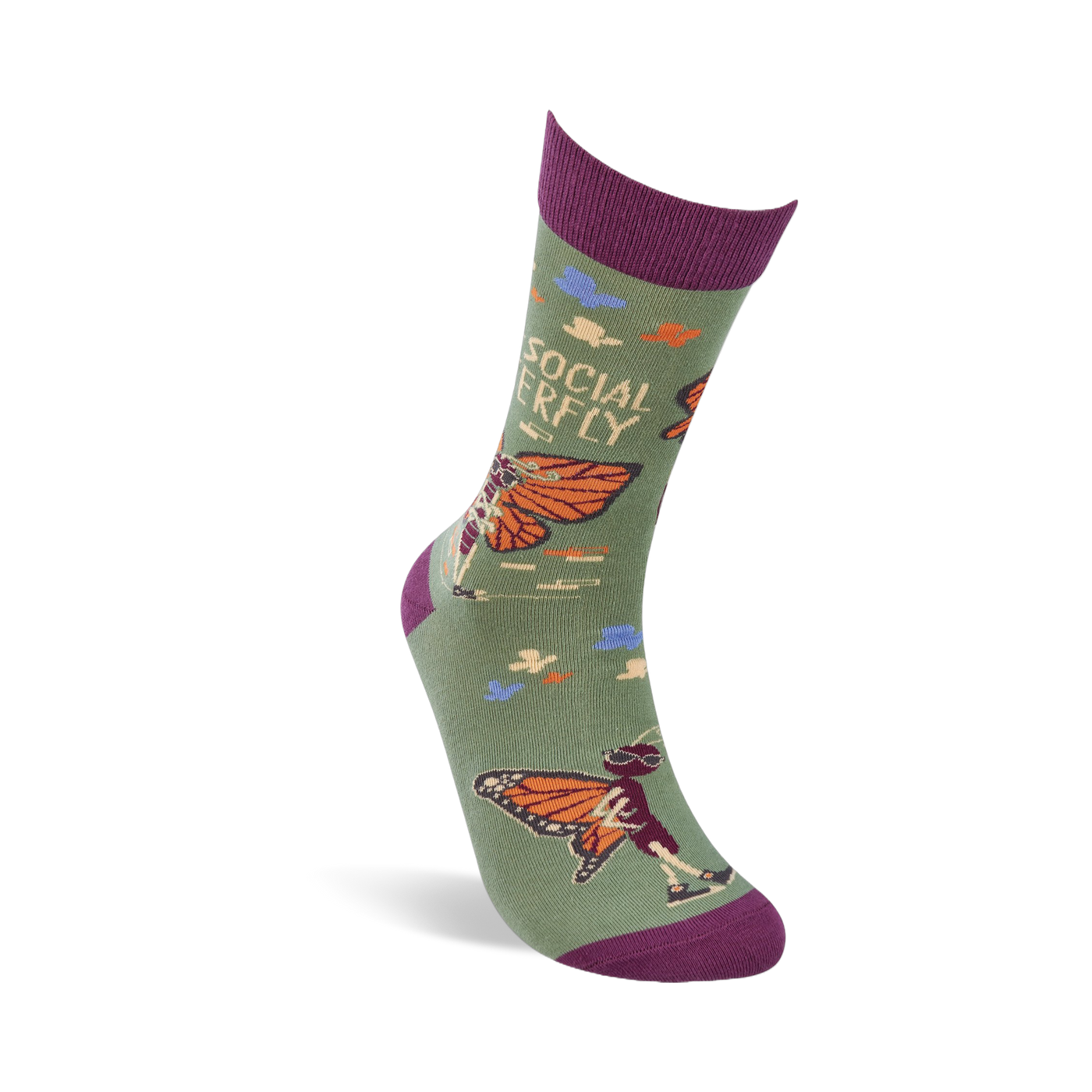 A single olive green crew sock, angled, showing a skeleton butterfly wearing sunglasses and "SOCIAL BUTTERFLY" text.