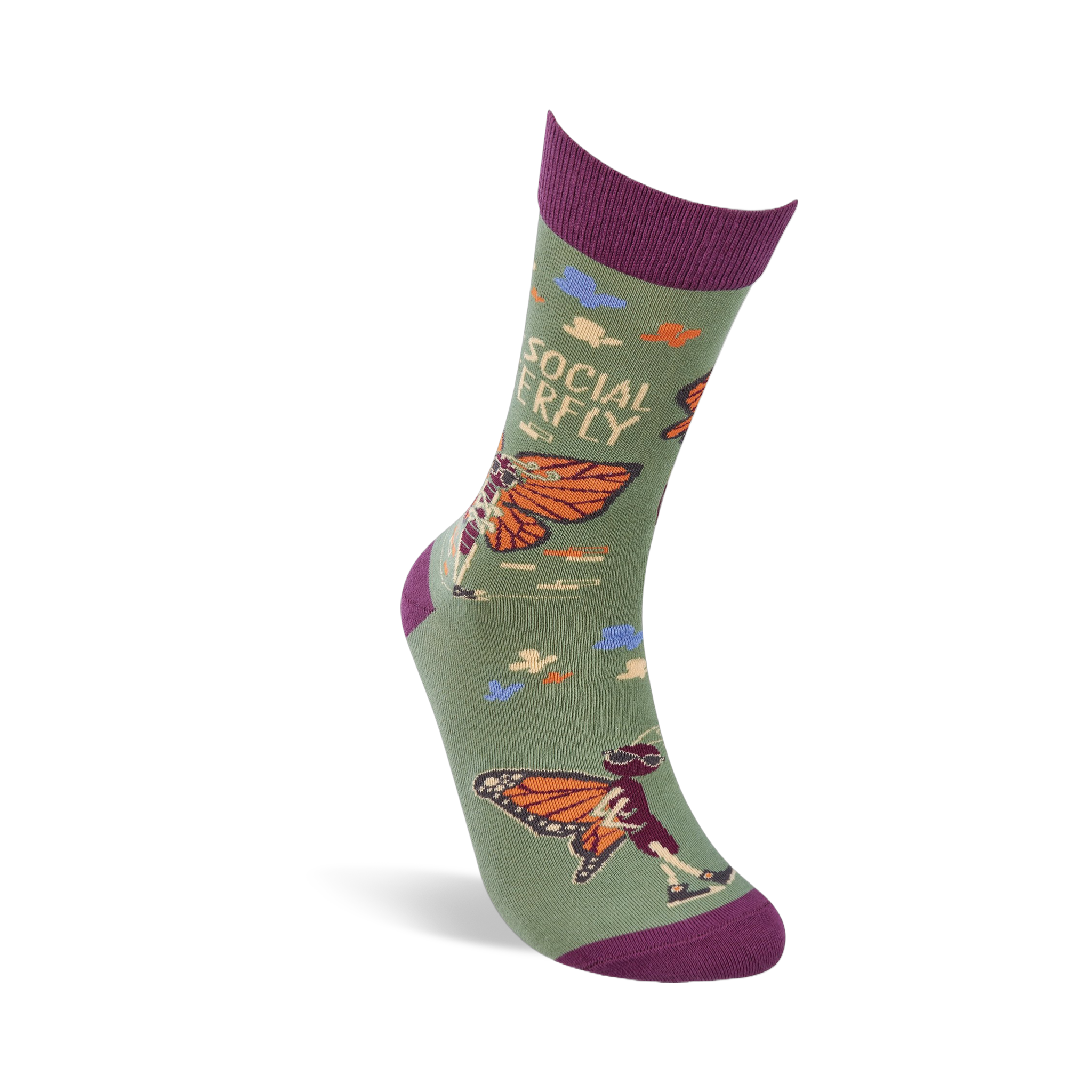 A single olive green crew sock, angled, showing a skeleton butterfly wearing sunglasses and "SOCIAL BUTTERFLY" text.