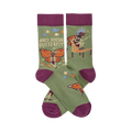 Olive green crew socks with dark purple accents. Design features skeleton butterflies in sunglasses and mohawks, plus "ANTI SOCIAL BUTTERFLY" text.