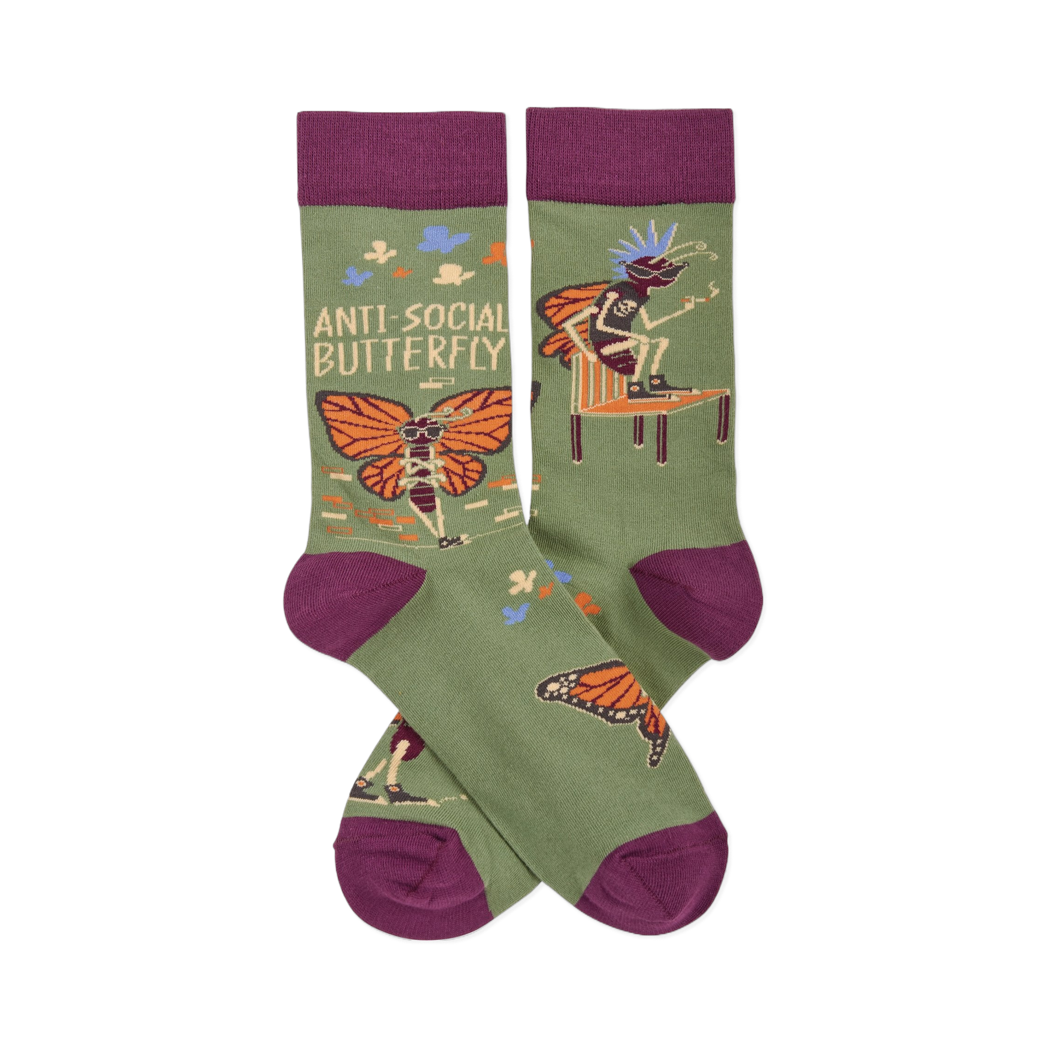Olive green crew socks with dark purple accents. Design features skeleton butterflies in sunglasses and mohawks, plus "ANTI SOCIAL BUTTERFLY" text.
