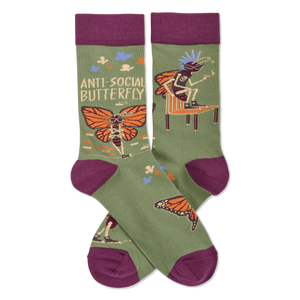 Olive green crew socks with dark purple accents. Design features skeleton butterflies in sunglasses and mohawks, plus 