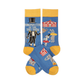 Pair of blue crew socks with yellow accents. Features a ringmaster, text "Ringmaster Of The Shitshow", and circus animals.