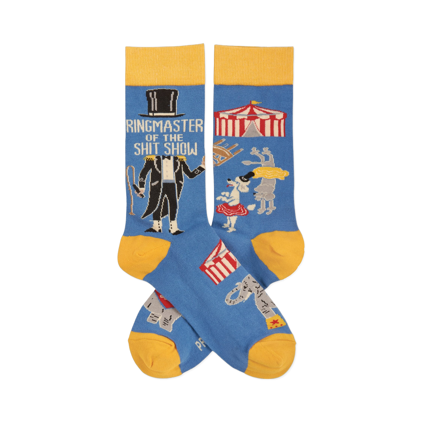 Pair of blue crew socks with yellow accents. Features a ringmaster, text "Ringmaster Of The Shitshow", and circus animals.