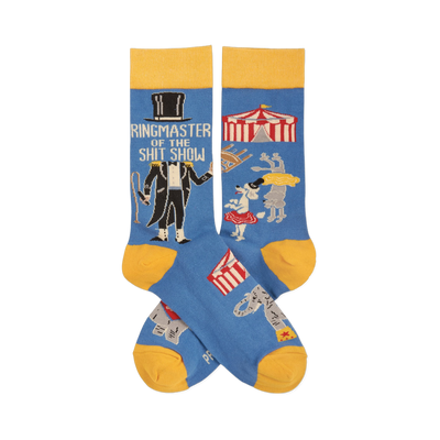Pair of blue crew socks with yellow accents. Features a ringmaster, text "Ringmaster Of The Shitshow", and circus animals.