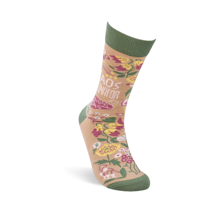Single tan and olive green 'Chaos Coordinator' crew sock with floral pattern, shown upright on a white background.