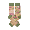 Pair of crew socks with tan background, olive green cuffs/heels/toes. Pink, yellow, white flowers & 'CHAOS COORDINATOR' text.