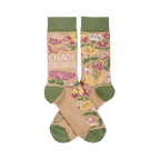 Pair of crew socks with tan background, olive green cuffs/heels/toes. Pink, yellow, white flowers & 'CHAOS COORDINATOR' text.
