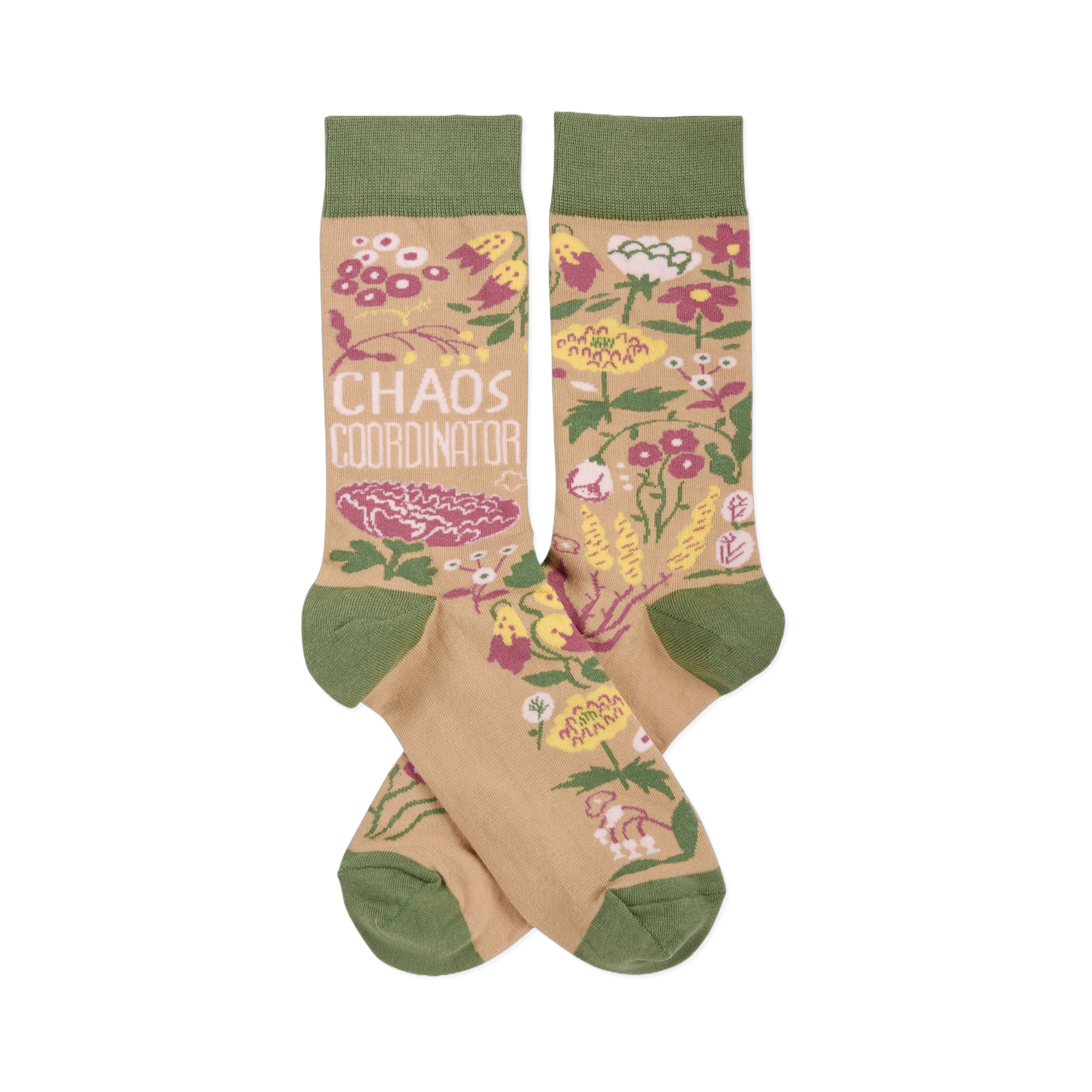 Pair of crew socks with tan background, olive green cuffs/heels/toes. Pink, yellow, white flowers & 'CHAOS COORDINATOR' text.