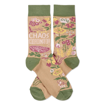 Pair of crew socks with tan background, olive green cuffs/heels/toes. Pink, yellow, white flowers & 'CHAOS COORDINATOR' text.