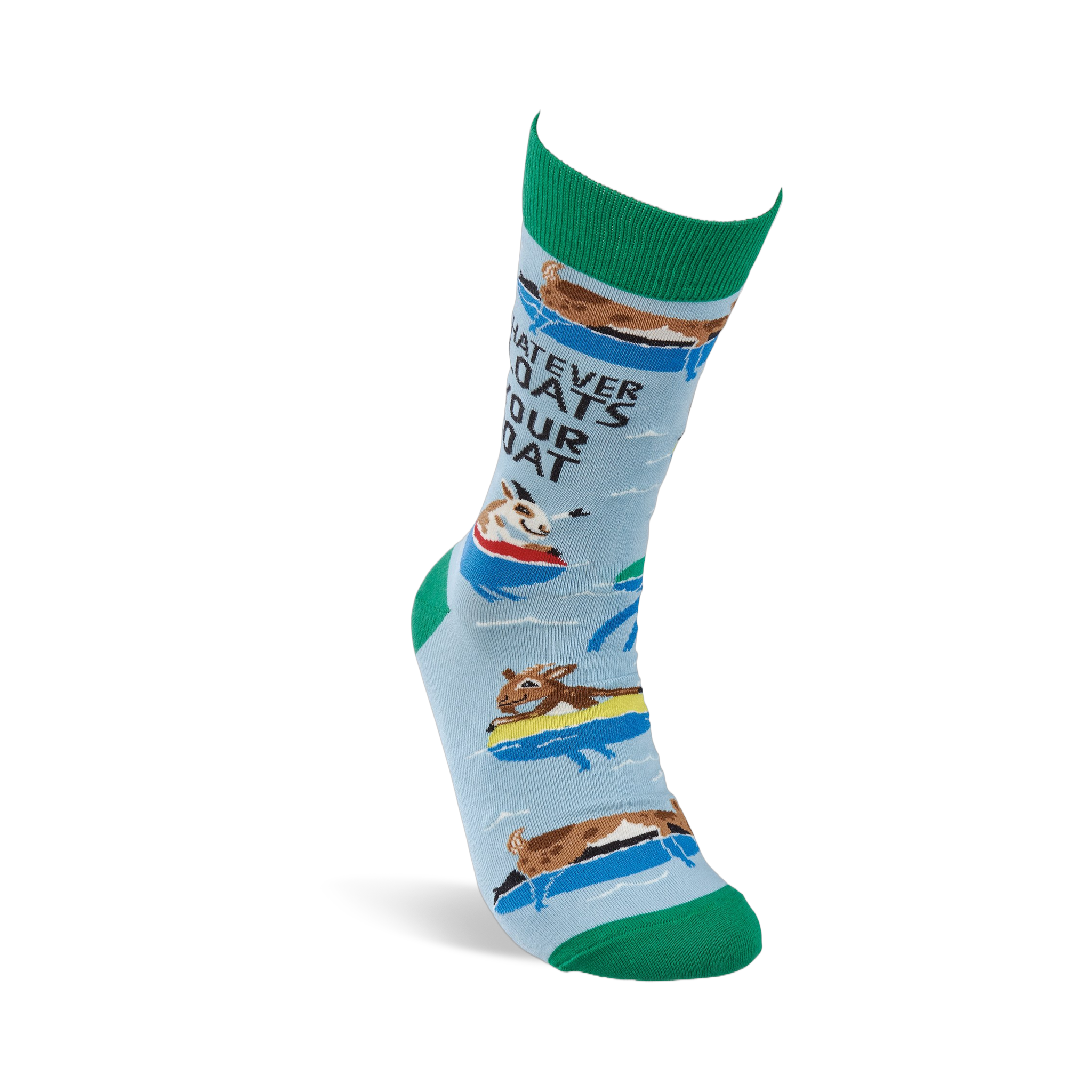 Single light blue crew sock with green heel, toe, and cuff, showing floating goats and "WHATEVER FLOATS YOUR GOAT" text.