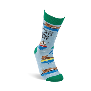 Single light blue crew sock with green heel, toe, and cuff, showing floating goats and 