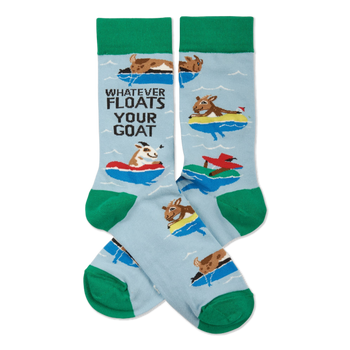 A pair of light blue crew socks with green cuffs, heels, and toes, featuring cartoon goats floating in colorful inner tubes and text.