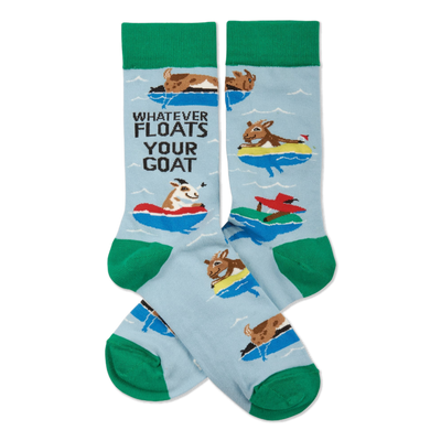 A pair of light blue crew socks with green cuffs, heels, and toes, featuring cartoon goats floating in colorful inner tubes and text.
