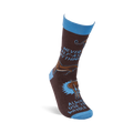 Single brown crew sock with blue cuff, heel, and toe, standing upright. Features donkeys and text 'NEVER HALF-ASS ANYTHING'.
