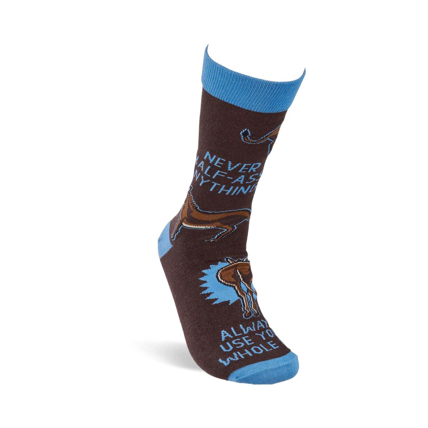 Single brown crew sock with blue cuff, heel, and toe, standing upright. Features donkeys and text 'NEVER HALF-ASS ANYTHING'.