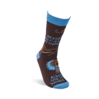 Single brown crew sock with blue cuff, heel, and toe, standing upright. Features donkeys and text 'NEVER HALF-ASS ANYTHING'.