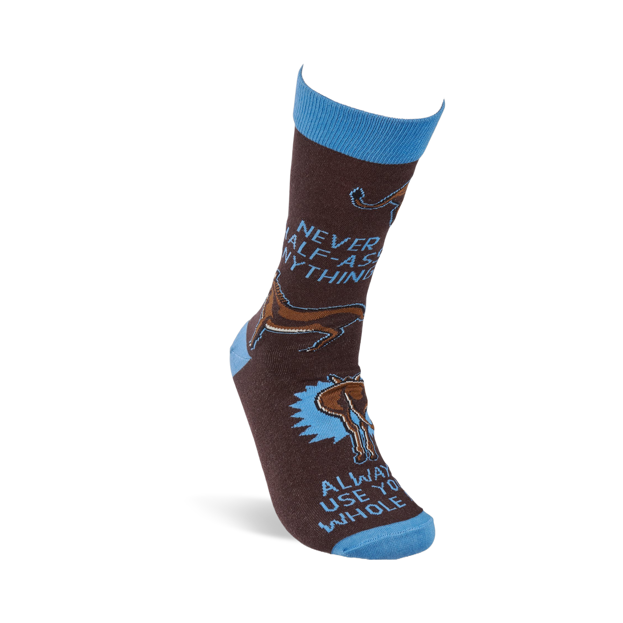 Single brown crew sock with blue cuff, heel, and toe, standing upright. Features donkeys and text 'NEVER HALF-ASS ANYTHING'.