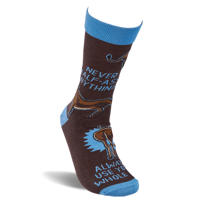 Single brown crew sock with blue cuff, heel, and toe, standing upright. Features donkeys and text 'NEVER HALF-ASS ANYTHING'.