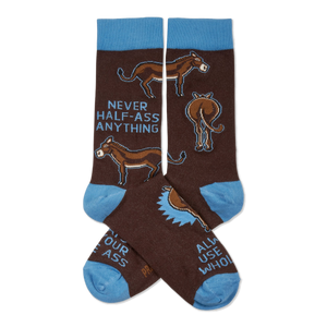 Pair of brown crew socks with light blue cuffs and toes. They feature donkeys and the text 