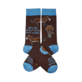 Pair of brown crew socks with light blue cuffs and toes. They feature donkeys and the text "NEVER HALF-ASS ANYTHING".