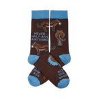 Pair of brown crew socks with light blue cuffs and toes. They feature donkeys and the text "NEVER HALF-ASS ANYTHING".