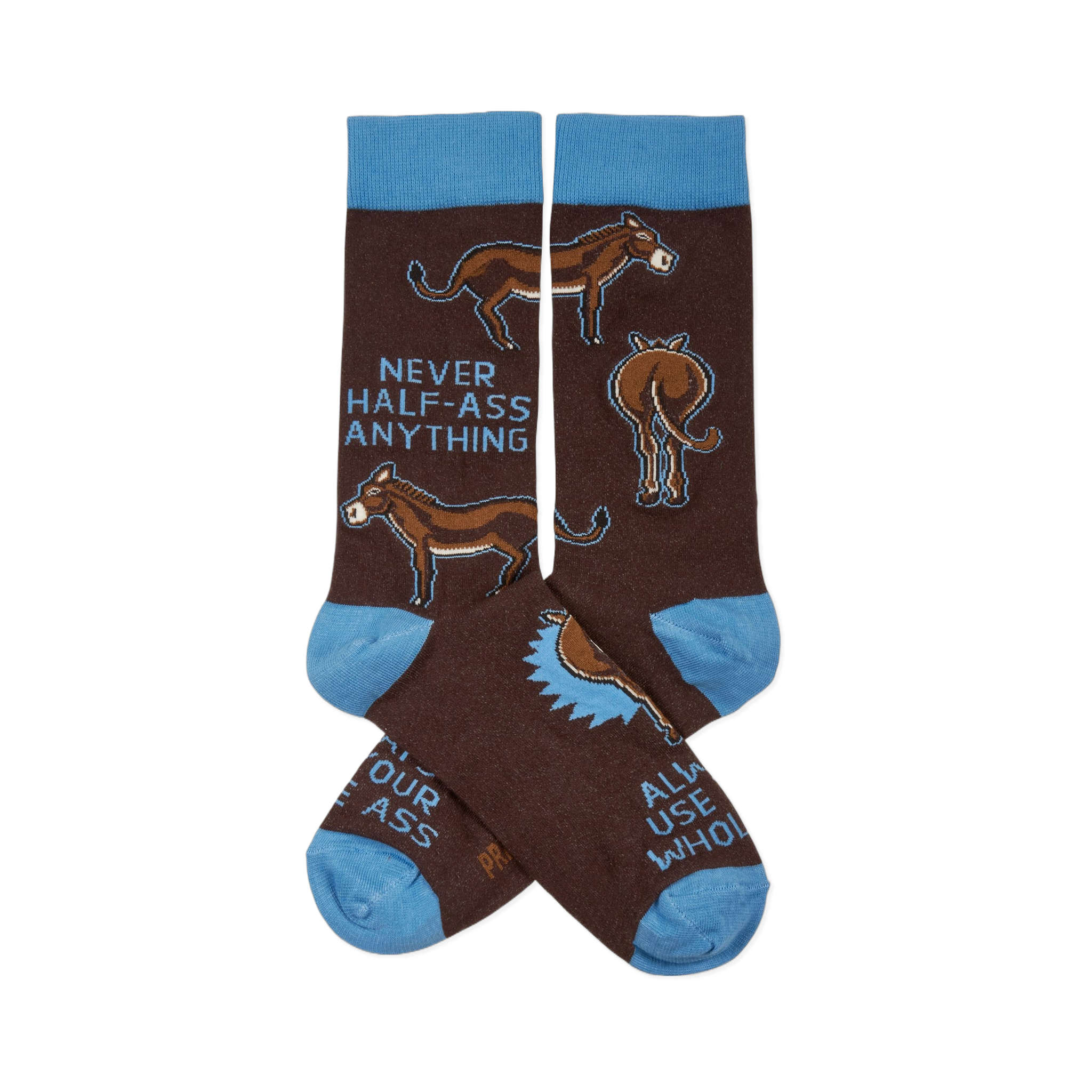 Pair of brown crew socks with light blue cuffs and toes. They feature donkeys and the text "NEVER HALF-ASS ANYTHING".