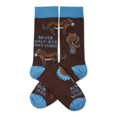 Pair of brown crew socks with light blue cuffs and toes. They feature donkeys and the text "NEVER HALF-ASS ANYTHING".
