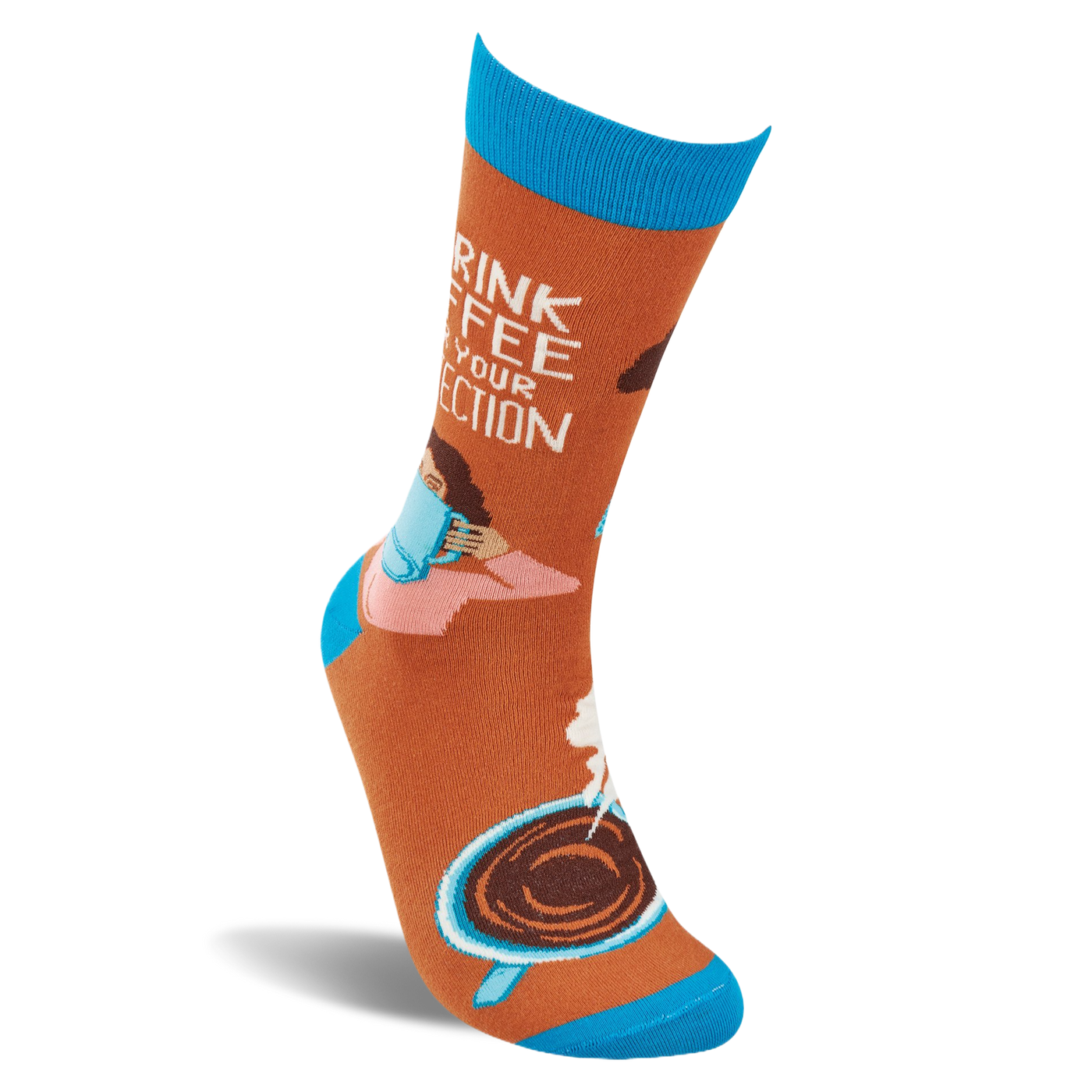 Single orange crew sock standing. 'I DRINK COFFEE FOR YOUR PROTECTION' text, woman with mug, steaming coffee cup. Blue cuff, heel, toe.