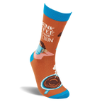 Single orange crew sock standing. 'I DRINK COFFEE FOR YOUR PROTECTION' text, woman with mug, steaming coffee cup. Blue cuff, heel, toe.