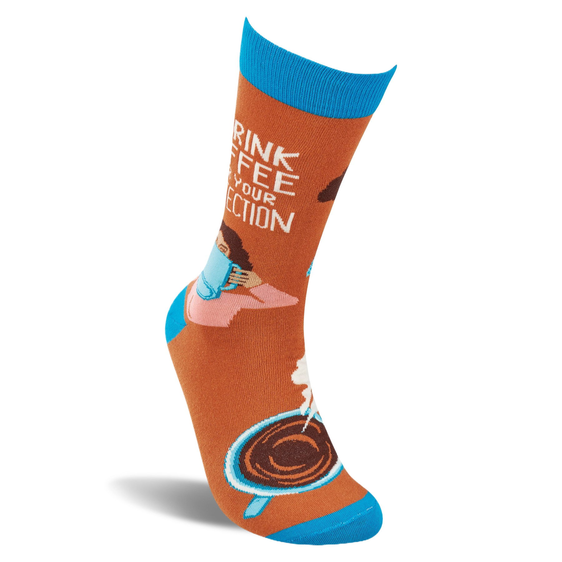 Single orange crew sock standing. 'I DRINK COFFEE FOR YOUR PROTECTION' text, woman with mug, steaming coffee cup. Blue cuff, heel, toe.