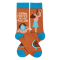 Orange crew socks, blue cuffs/toes. 'I DRINK COFFEE FOR YOUR PROTECTION' text, woman with mug, woman pouring pot, coffee cups.
