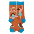 Orange crew socks, blue cuffs/toes. 'I DRINK COFFEE FOR YOUR PROTECTION' text, woman with mug, woman pouring pot, coffee cups.
