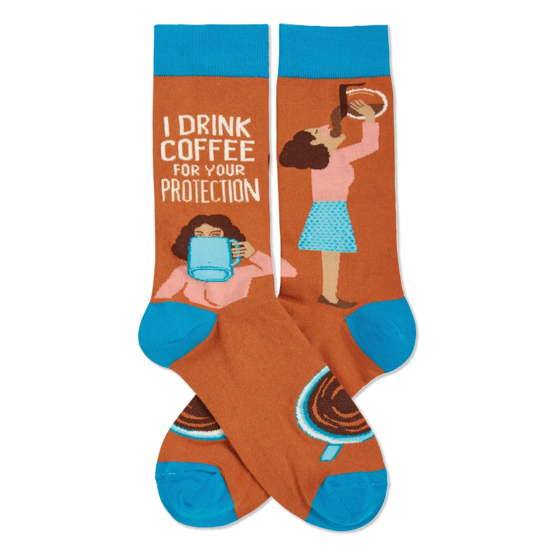 Orange crew socks, blue cuffs/toes. 'I DRINK COFFEE FOR YOUR PROTECTION' text, woman with mug, woman pouring pot, coffee cups.