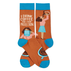 Orange crew socks, blue cuffs/toes. 'I DRINK COFFEE FOR YOUR PROTECTION' text, woman with mug, woman pouring pot, coffee cups.