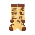 Pair of yellowish-tan crew socks with brown cuffs, heels, and toes. They feature brown cowboy boots, white flowers, and the quote "FORGET GLASS SLIPPERS THIS PRINCESS WEARS BOOTS!" visible on one sock.
