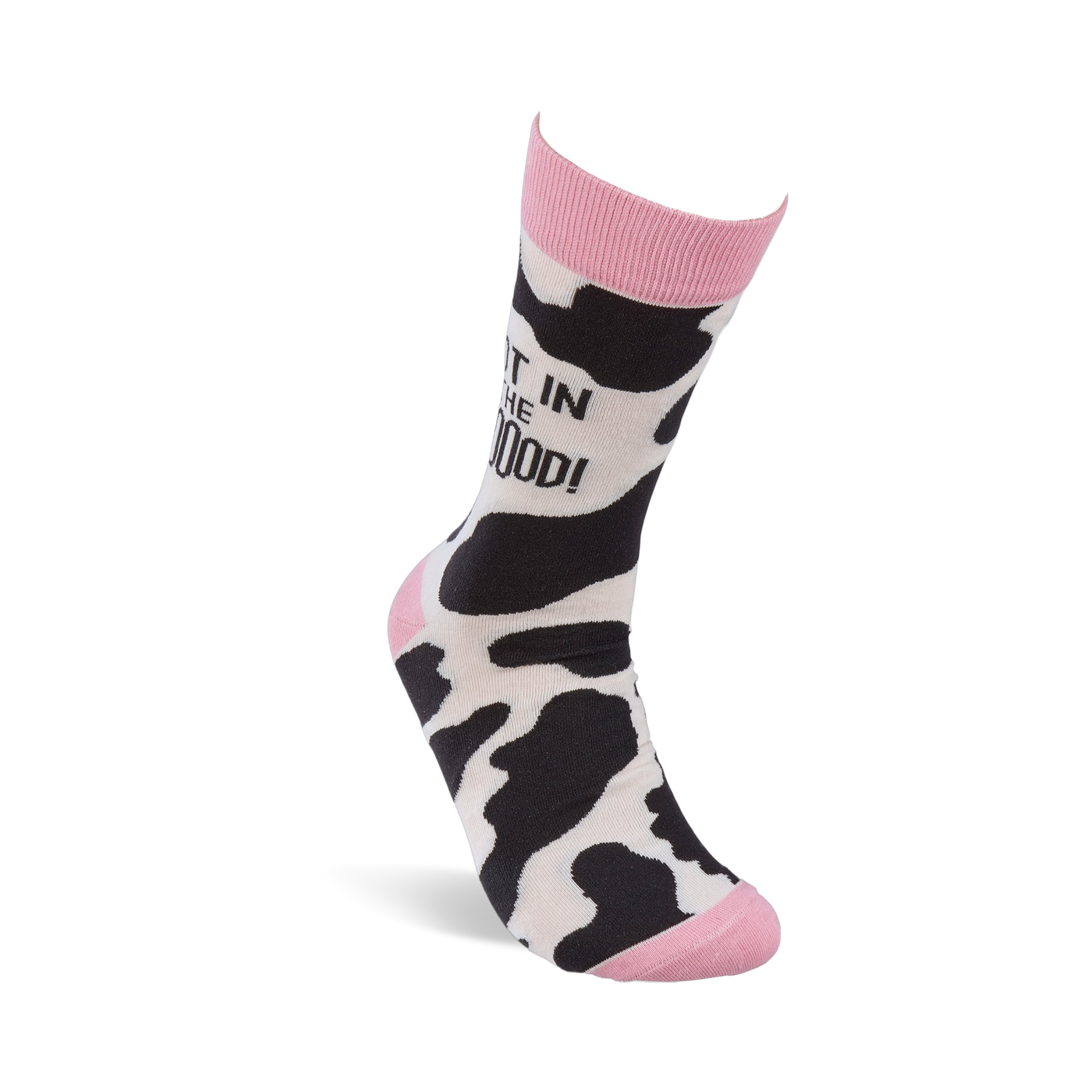 Single crew sock standing upright, showing black and white cow print with pink cuff, heel, and toe. "NOT IN THE MOOOOD!" text is visible on the leg.