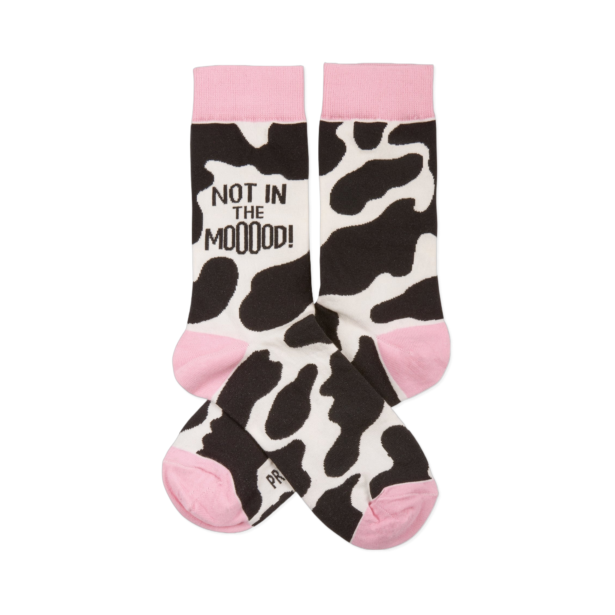 Pair of crew socks with black and white cow print, pink cuffs, heels, and toes. One sock reads "NOT IN THE MOOOOD!".