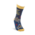 Single dark blue crew sock with yellow accents, shown upright, featuring 'NOT MY FIRST RODEO' text and a bucking bull.