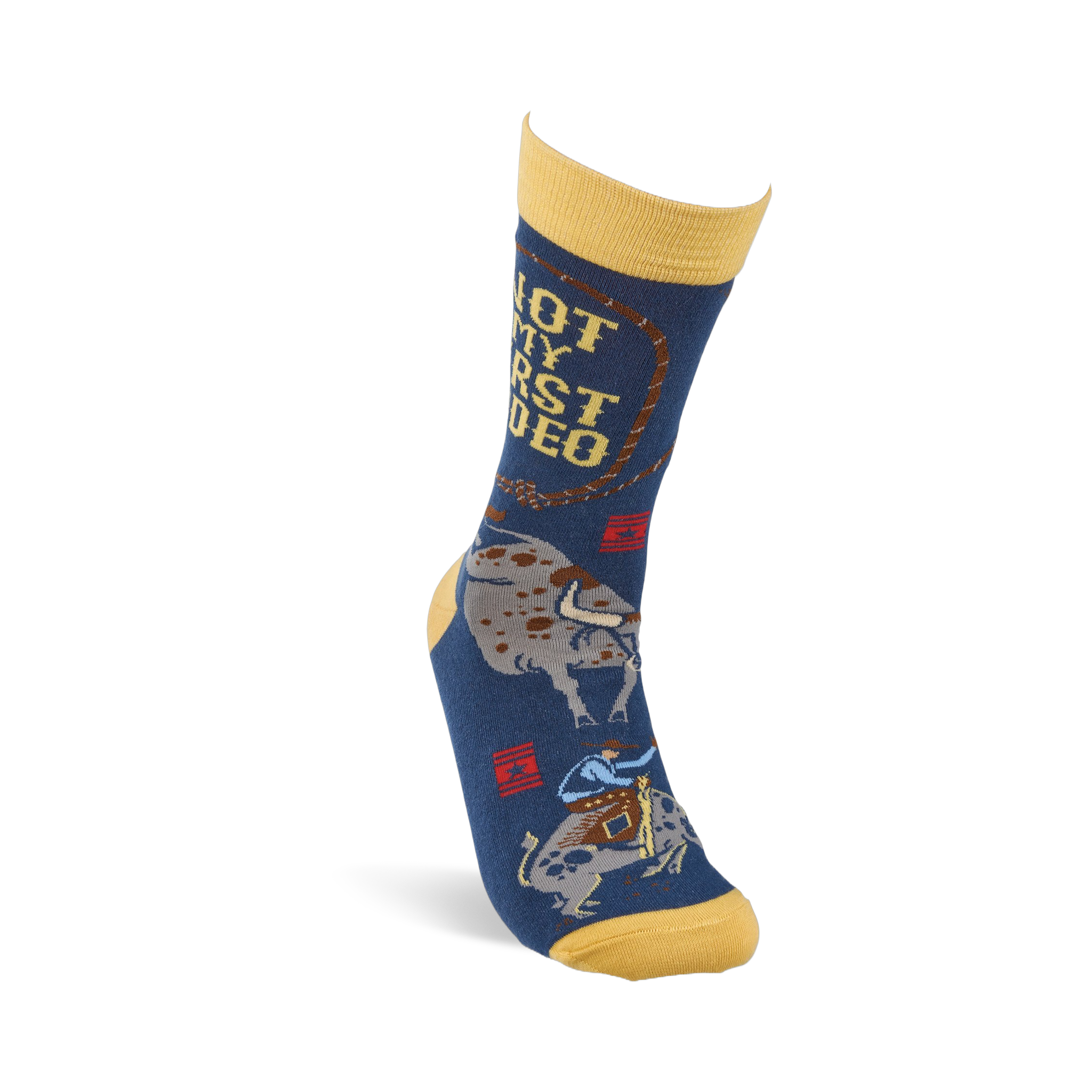 Single dark blue crew sock with yellow accents, shown upright, featuring 'NOT MY FIRST RODEO' text and a bucking bull.