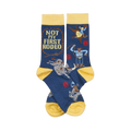Pair of dark blue crew socks with yellow cuffs, heels, and toes. Design includes cowboys, bulls, and "NOT MY FIRST RODEO" text.