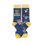 Pair of dark blue crew socks with yellow cuffs, heels, and toes. Design includes cowboys, bulls, and "NOT MY FIRST RODEO" text.