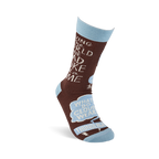 Single brown crew sock standing upright, showing "SAVING THE WORLD ONE DAD JOKE at a TIME" and "WHAT DO CLOUDS WEAR? THUNDERWEAR" in speech bubbles, with light blue cuff, heel, and toe.