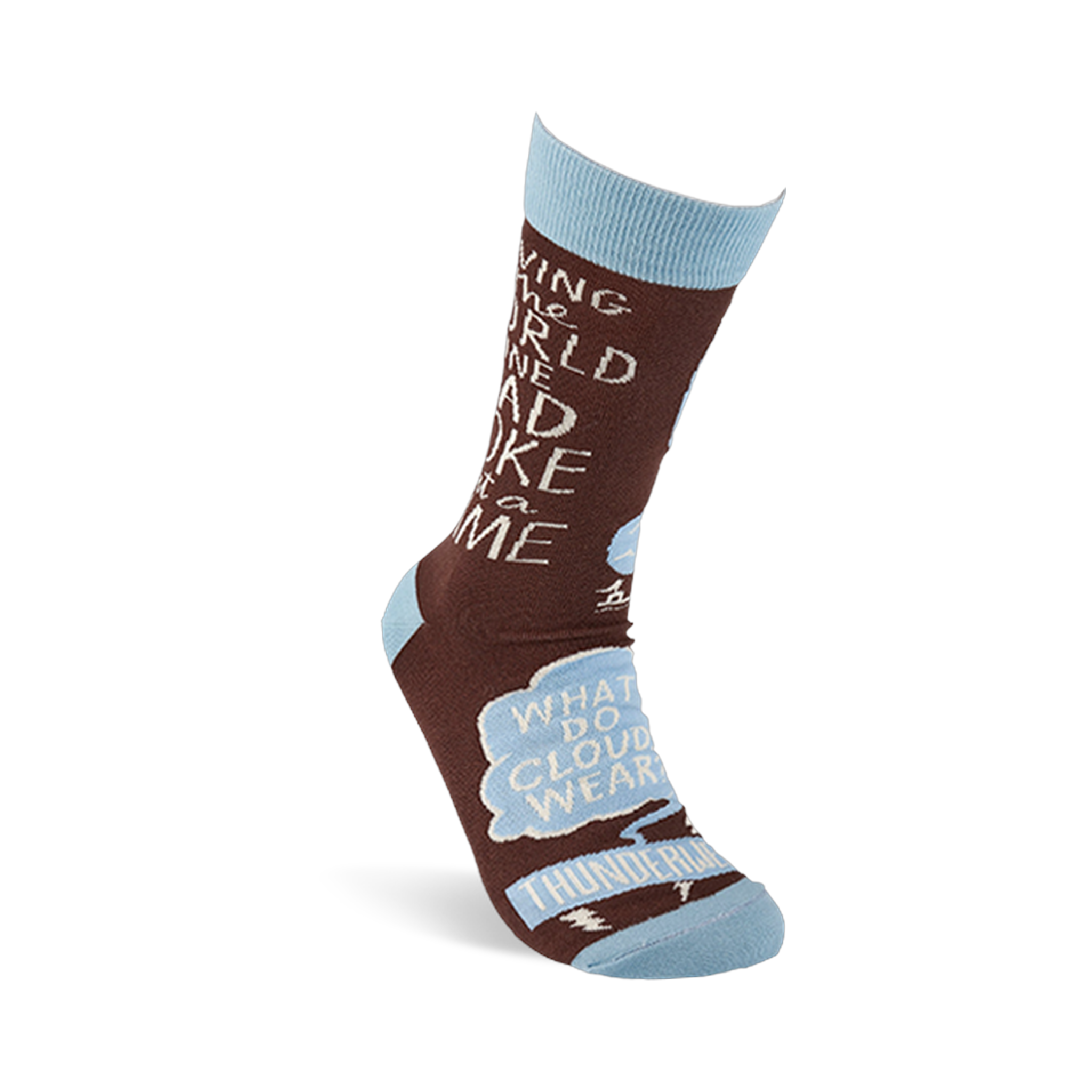 Single brown crew sock standing upright, showing "SAVING THE WORLD ONE DAD JOKE at a TIME" and "WHAT DO CLOUDS WEAR? THUNDERWEAR" in speech bubbles, with light blue cuff, heel, and toe.