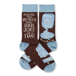 Pair of brown crew socks with light blue cuffs, heels, and toes. White text reads 